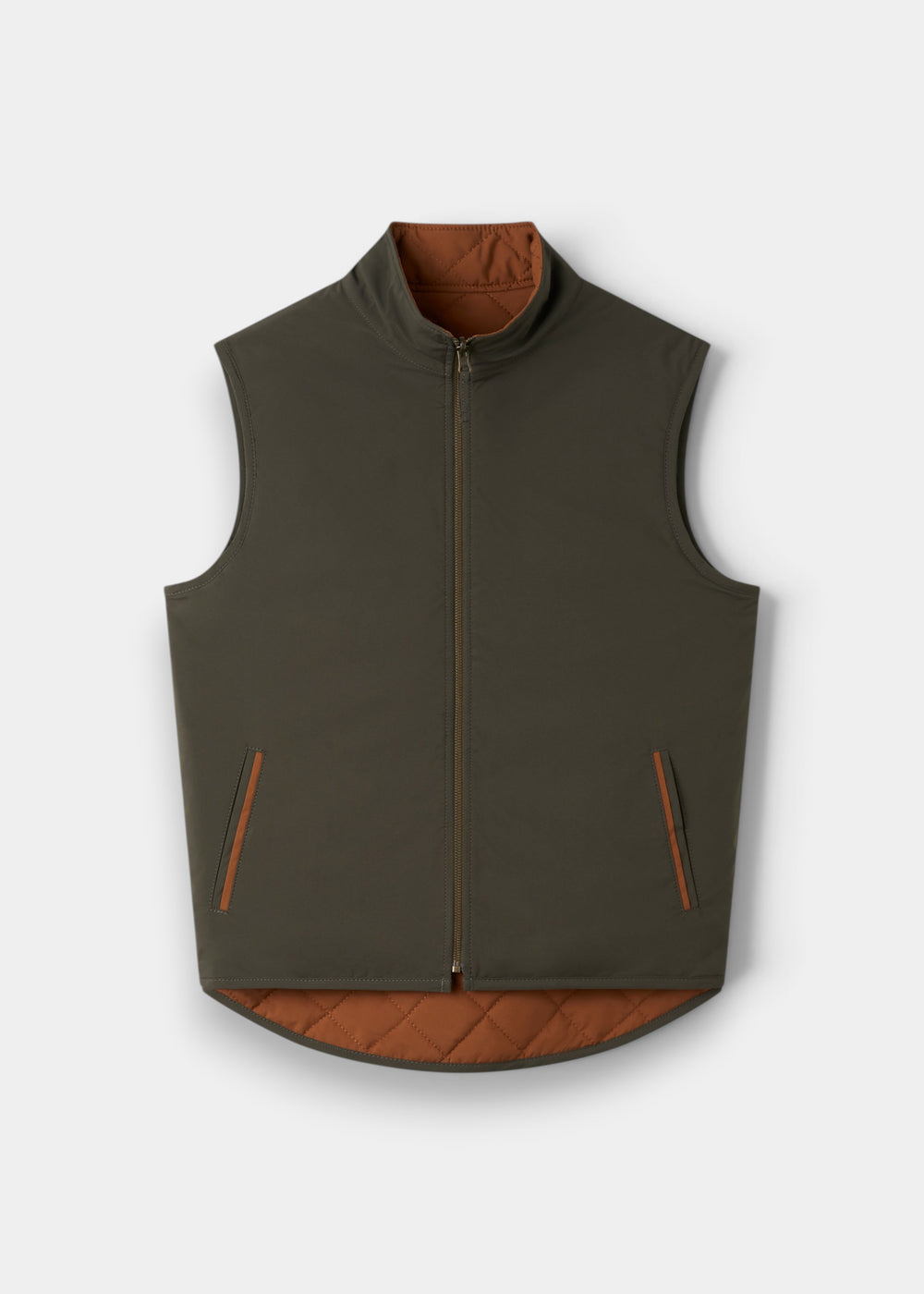 Swifthall Reversible City Gilet In Olive and Cider: olive green, water-resistant zip-up with burnt orange quilted collar.