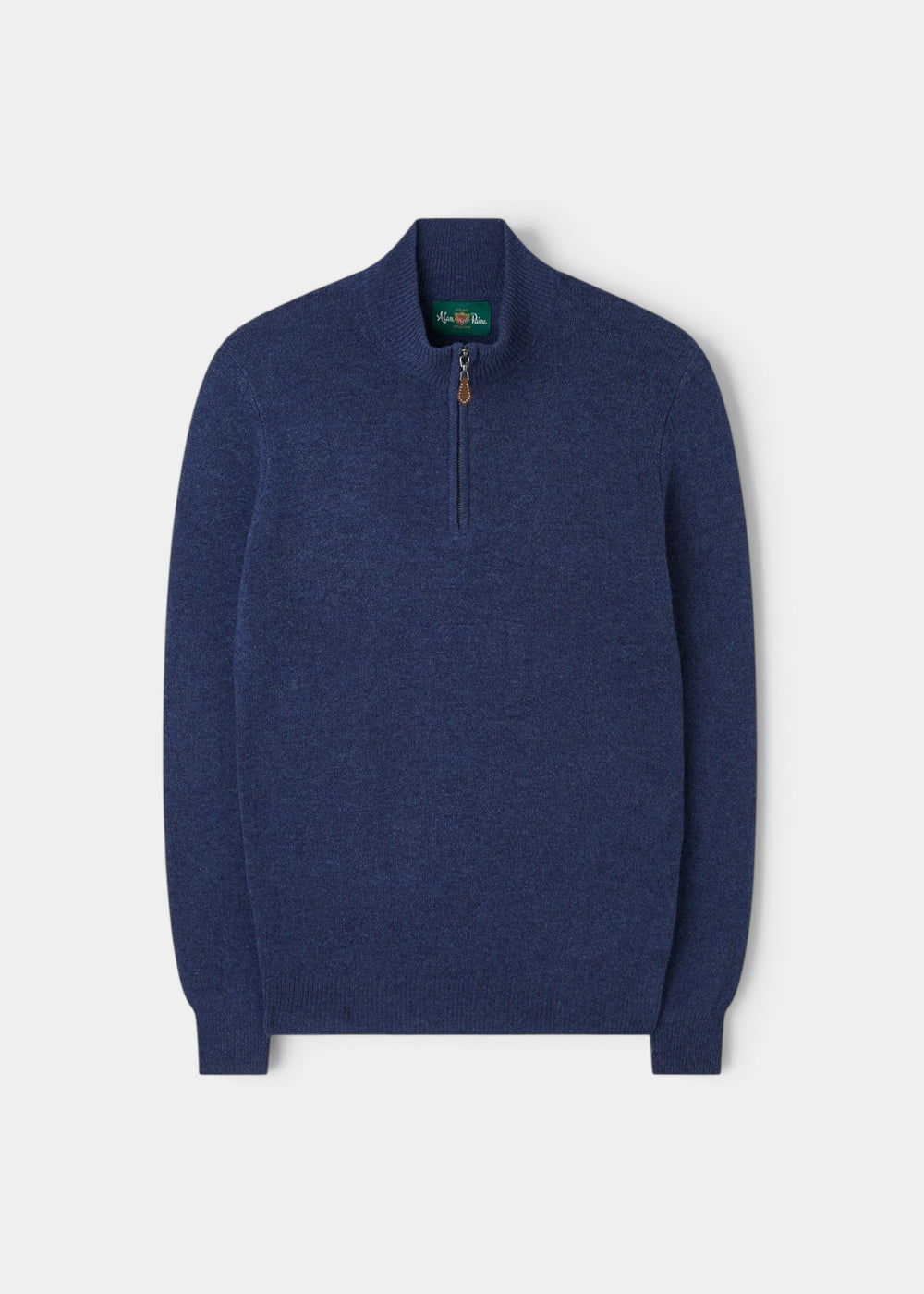 Sutherland Lambswool Quarter Zip Jumper In Rhapsody, a blue regular fit sweater with a high collar.