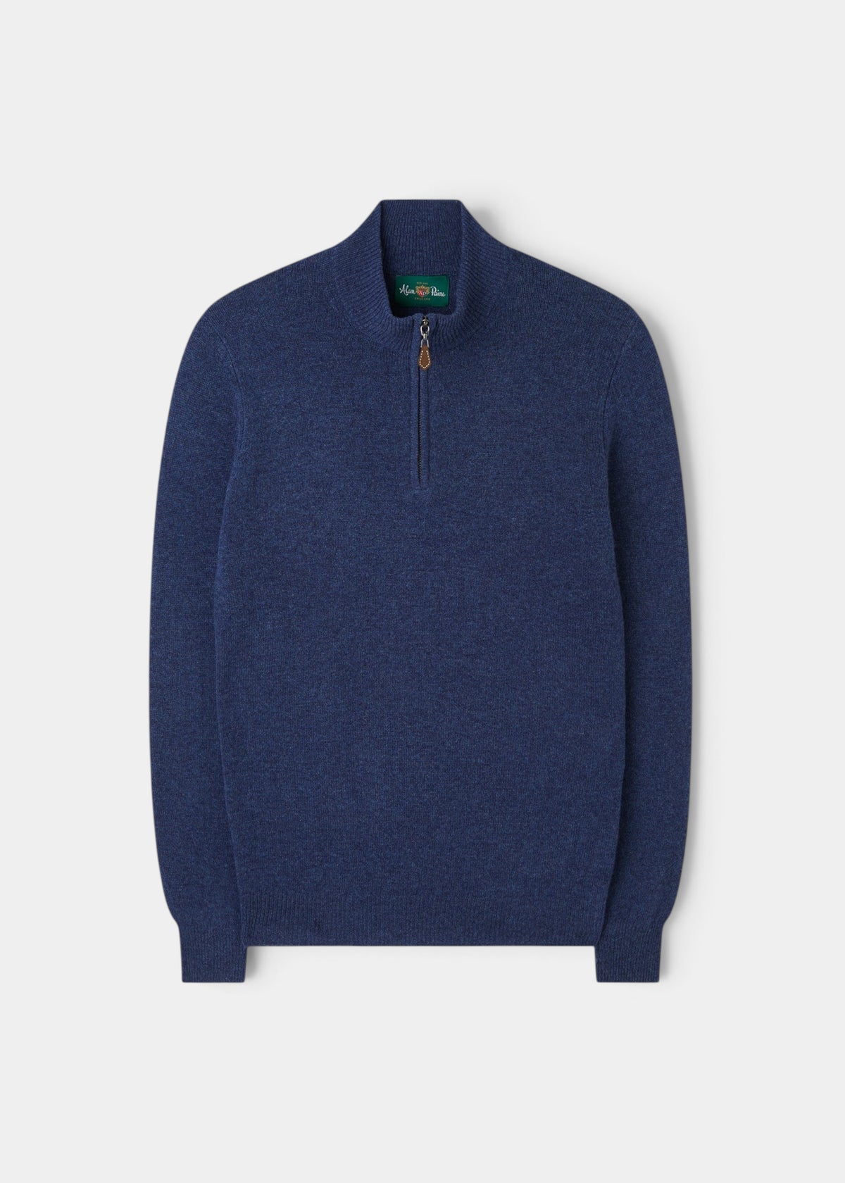 Sutherland Lambswool Quarter Zip Jumper In Rhapsody, a blue regular fit sweater with a high collar.