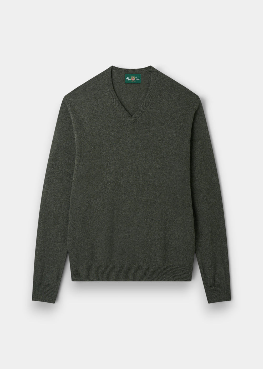 Haddington Pure Cashmere V-Neck Jumper in Rosemary—regular fit, luxurious knitwear laid flat on white background.