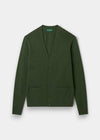 Alan Paine rosemary green lambswool V-neck cardigan with five buttons, jetted pockets, and ribbed trim.