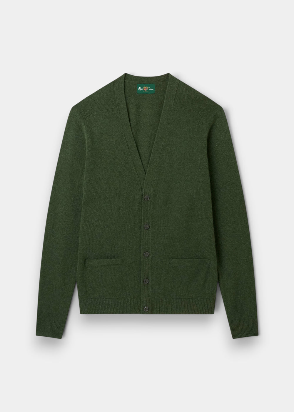 Alan Paine rosemary green lambswool V-neck cardigan with five buttons, jetted pockets, and ribbed trim.