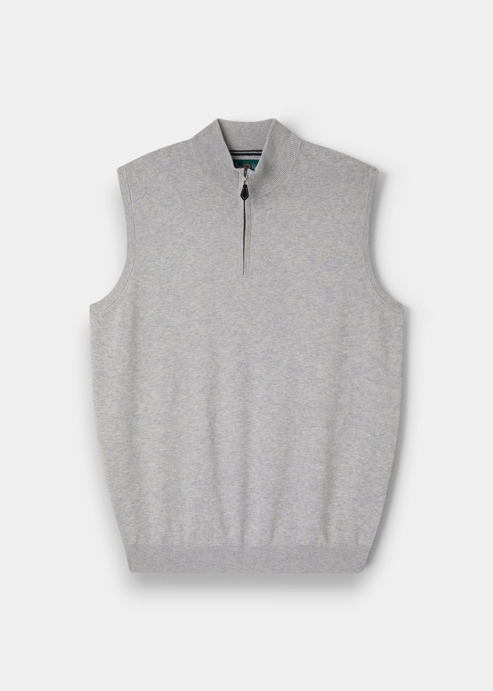 Alan Paine Rowley men's dove grey 1/4 zip gilet in a soft cotton and cashmere blend with a ribbed hem and collar.