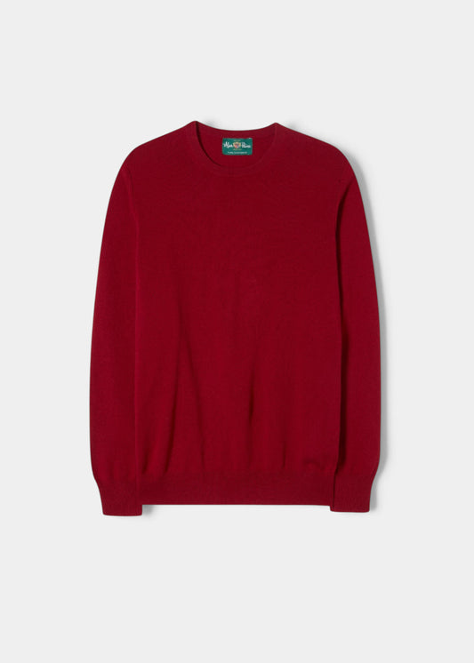 Alan Paine ruby red crew neck jumper in 100% cashmere with ribbed hem and cuffs in a regular fit