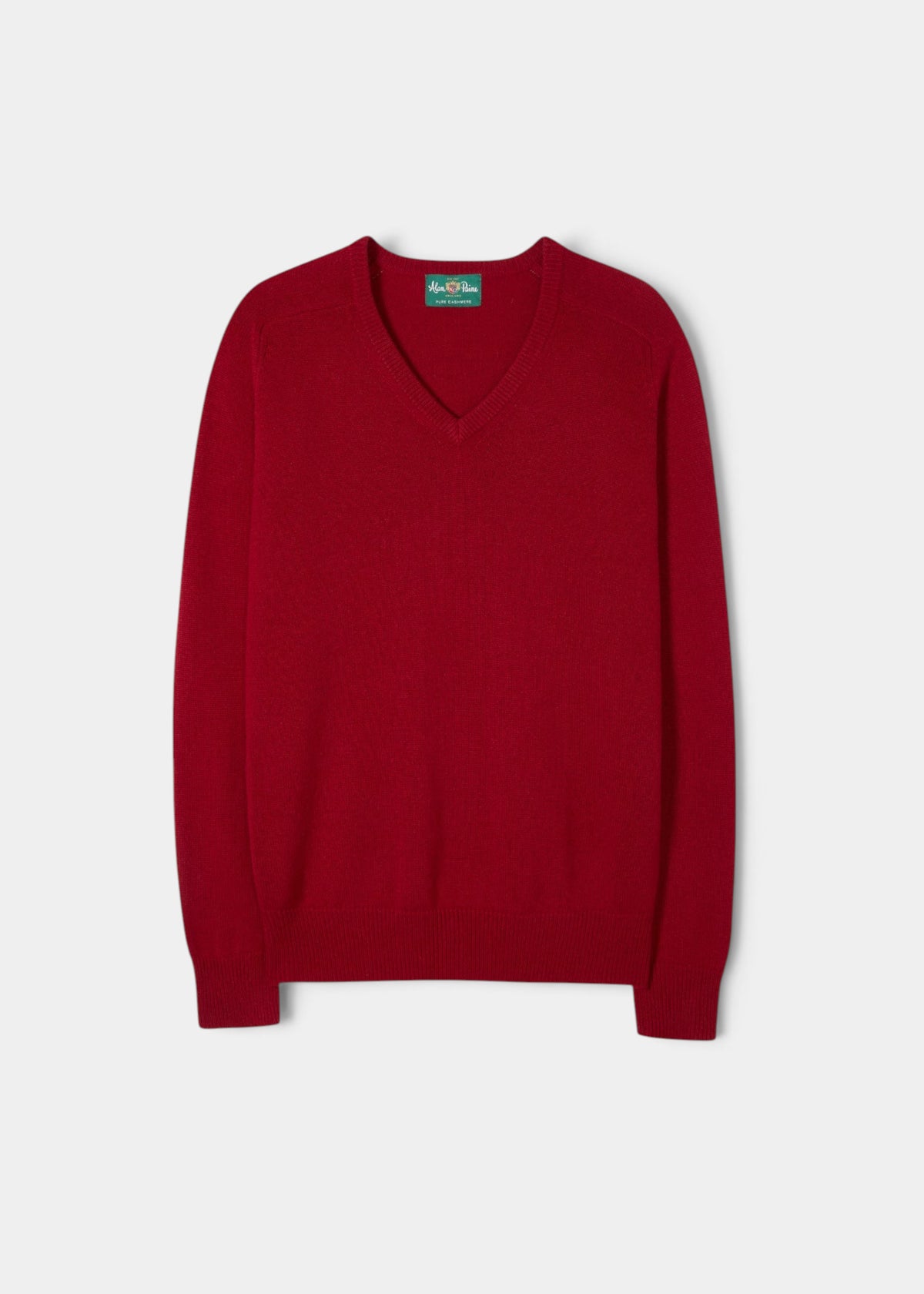 Alan Paine Selkirk ruby red cashmere v-neck jumper with saddle shoulders and ribbed hem and cuffs