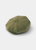 Combrook Men’s Tweed Bakerboy Cap in Sage with red stitching, shown flat on a white background.