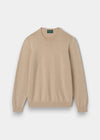 Alan Paine Leysmill crew neck jumper in sand, crafted from a soft Pima cotton and cashmere blend with ribbed trim.