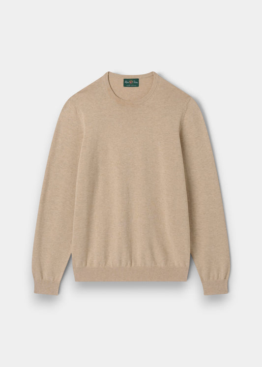 Alan Paine Leysmill crew neck jumper in sand, crafted from a soft Pima cotton and cashmere blend with ribbed trim.
