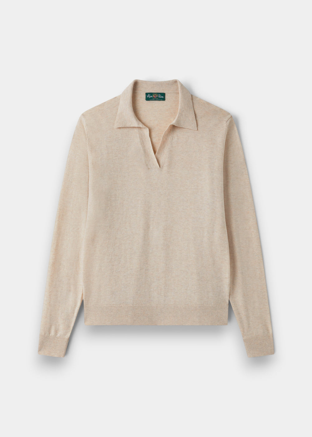 Alan Paine Uma cotton cashmere jumper in sand with an open placket collar and long sleeves