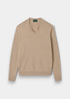 Alan Paine Rothwell sand v-neck jumper in a soft Pima cotton and cashmere blend with ribbed cuffs and hem.