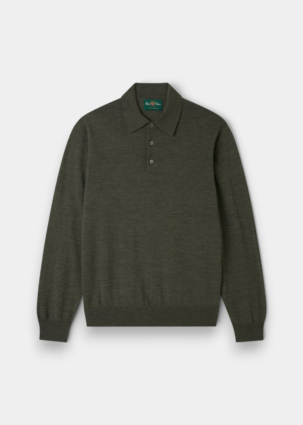 Hindhead Men’s Merino Wool Polo Shirt in Seaweed, regular fit, with long sleeves and three buttons, shown flat.