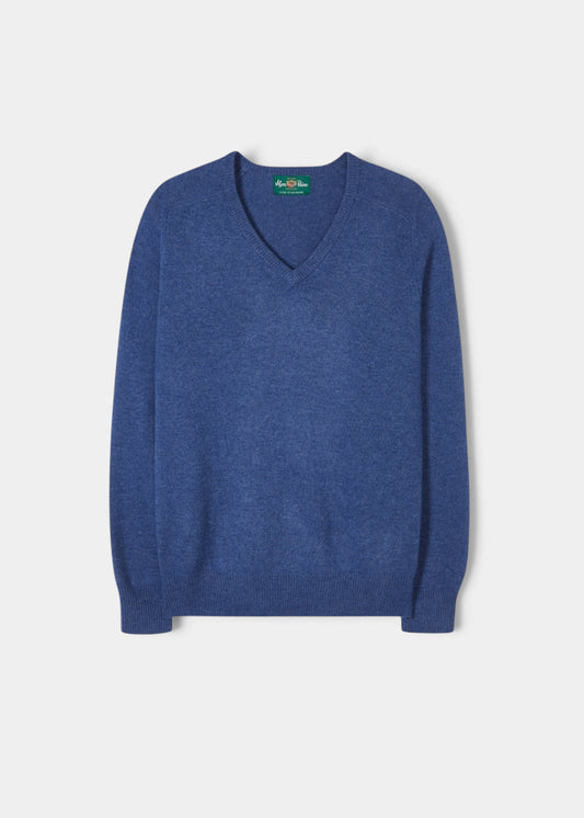 Alan Paine Selkirk cashmere v-neck jumper in denim blue with saddle shoulder detailing and ribbed hem and cuffs.