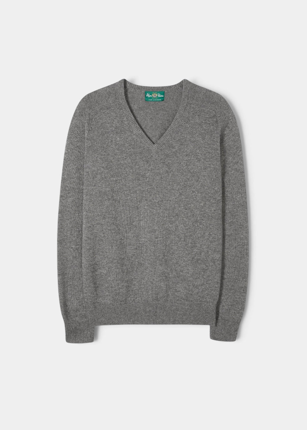Selkirk Pure Cashmere V-Neck Jumper In Derby, a grey cashmere long-sleeved V-neck sweater.
