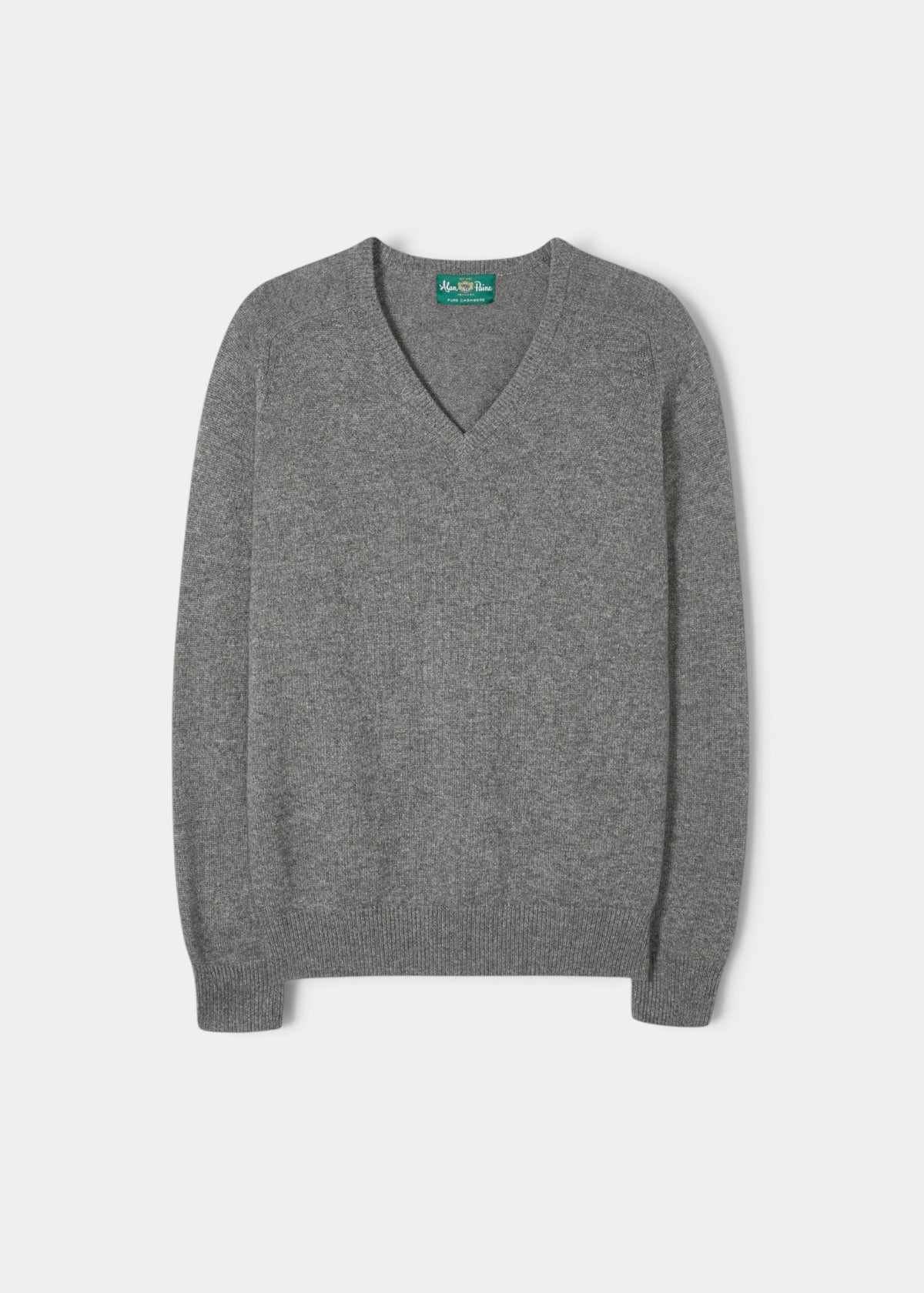 Selkirk Pure Cashmere V-Neck Jumper In Derby, a grey cashmere long-sleeved V-neck sweater.
