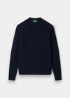 Kinloch Supersoft Shetland Wool V-Neck Cardigan in Concord, featuring ribbed cuffs, laid flat on white background.