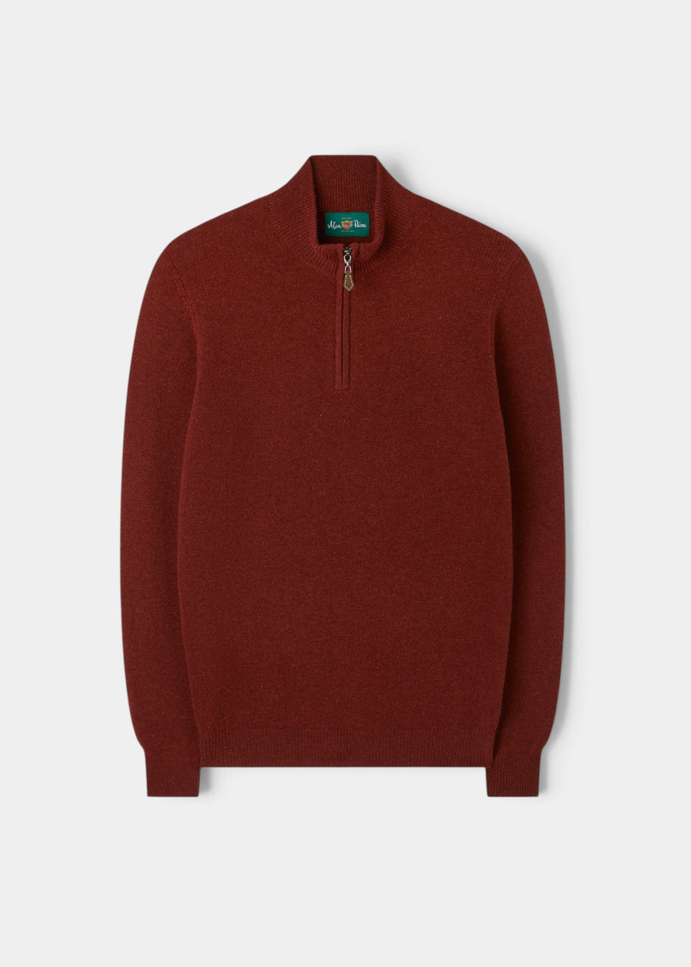 Sutherland Lambswool Quarter Zip Jumper In Sienna, a rust-colored quarter-zip sweater with a high neck and ribbed cuffs.