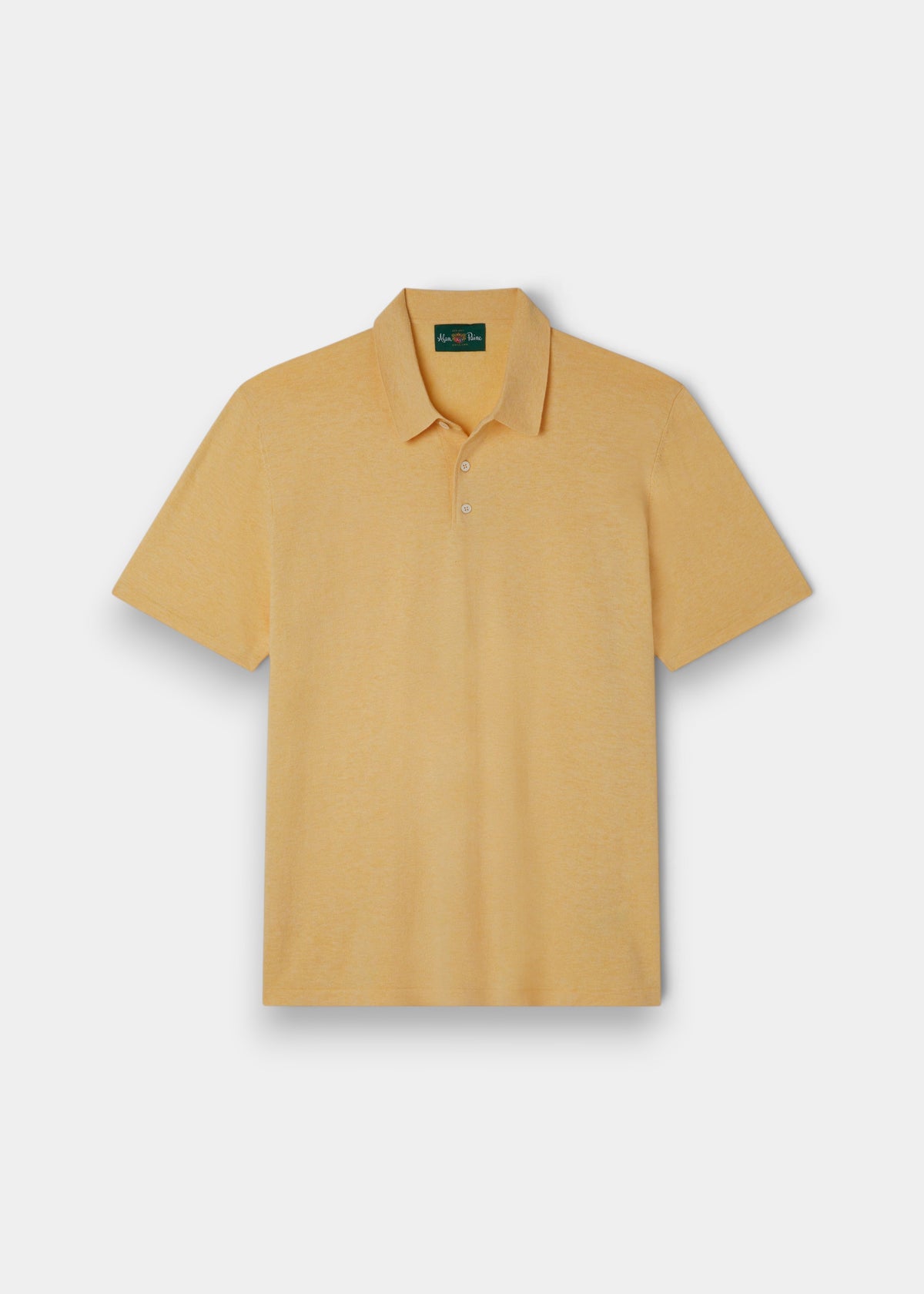 Alan Paine men's luxury solar yellow polo shirt in a soft Pima cotton, silk, and cashmere blend with a ribbed hem.
