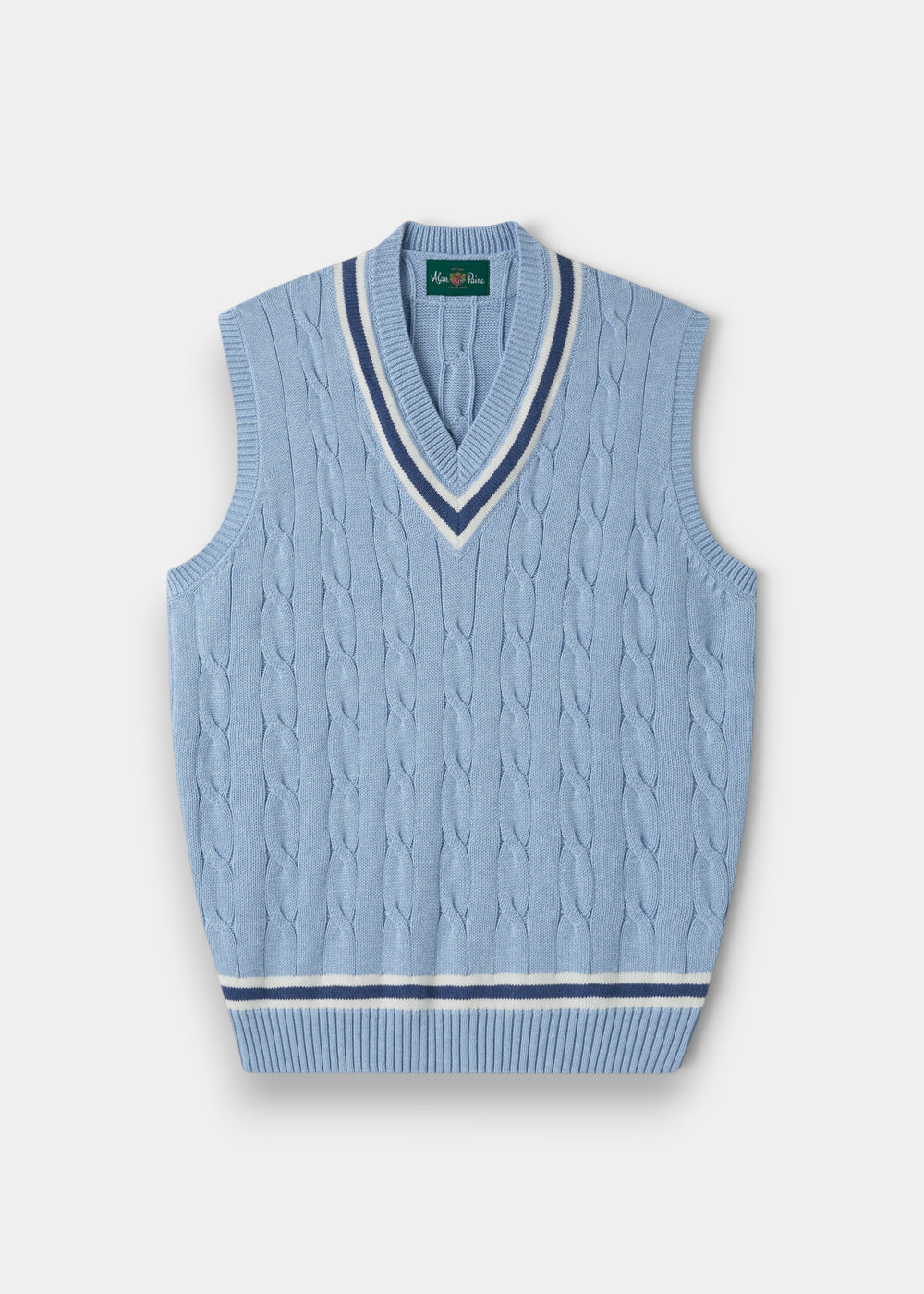 Chadbury steel blue cotton cable knit V-neck cricket slipover with white and navy stripes, regular fit, laid flat.