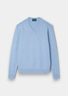Alan Paine Rothwell steel blue v-neck jumper in a soft pima cotton and cashmere blend with ribbed hem and cuffs.