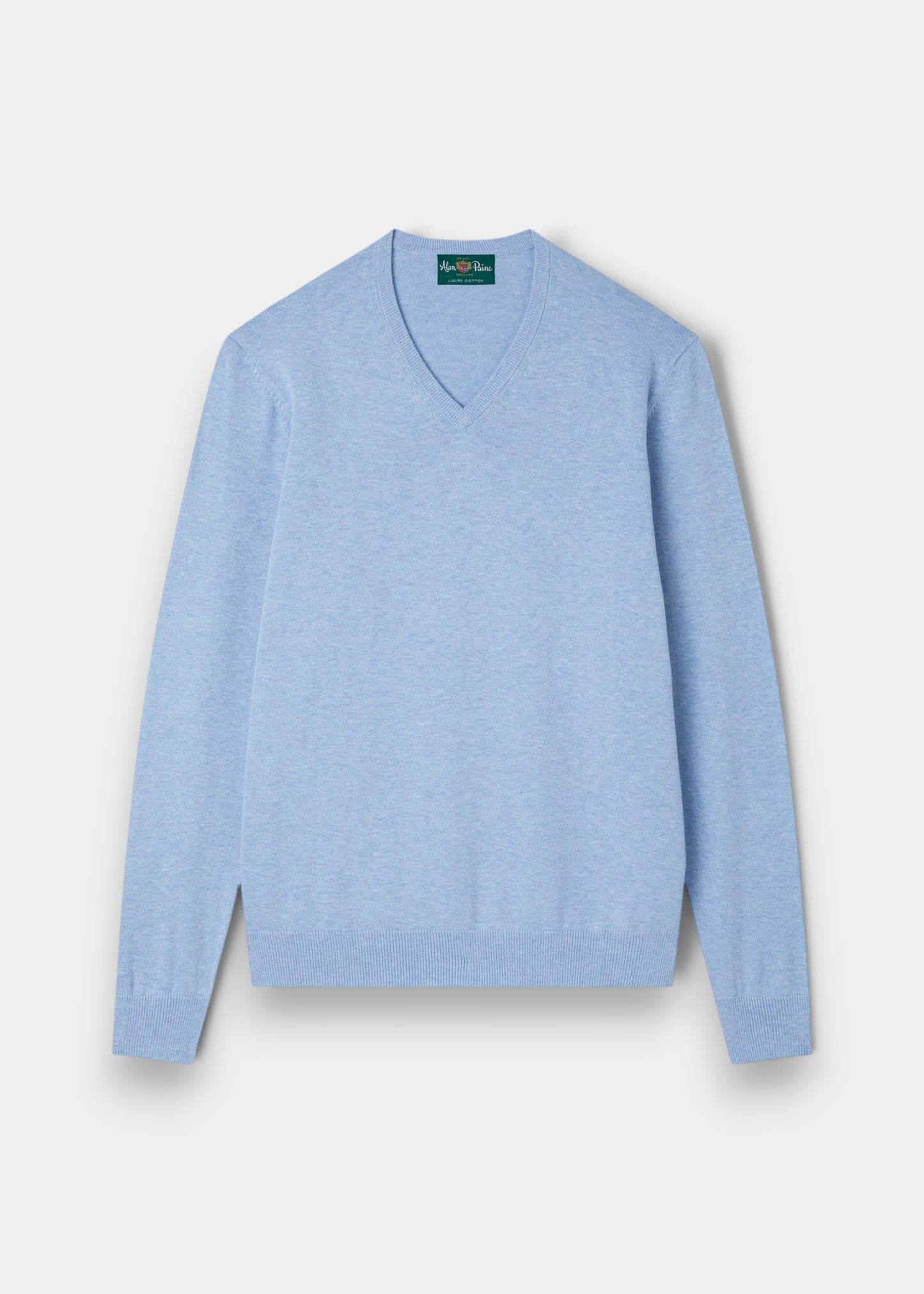 Alan Paine Rothwell steel blue v-neck jumper in a soft pima cotton and cashmere blend with ribbed hem and cuffs.