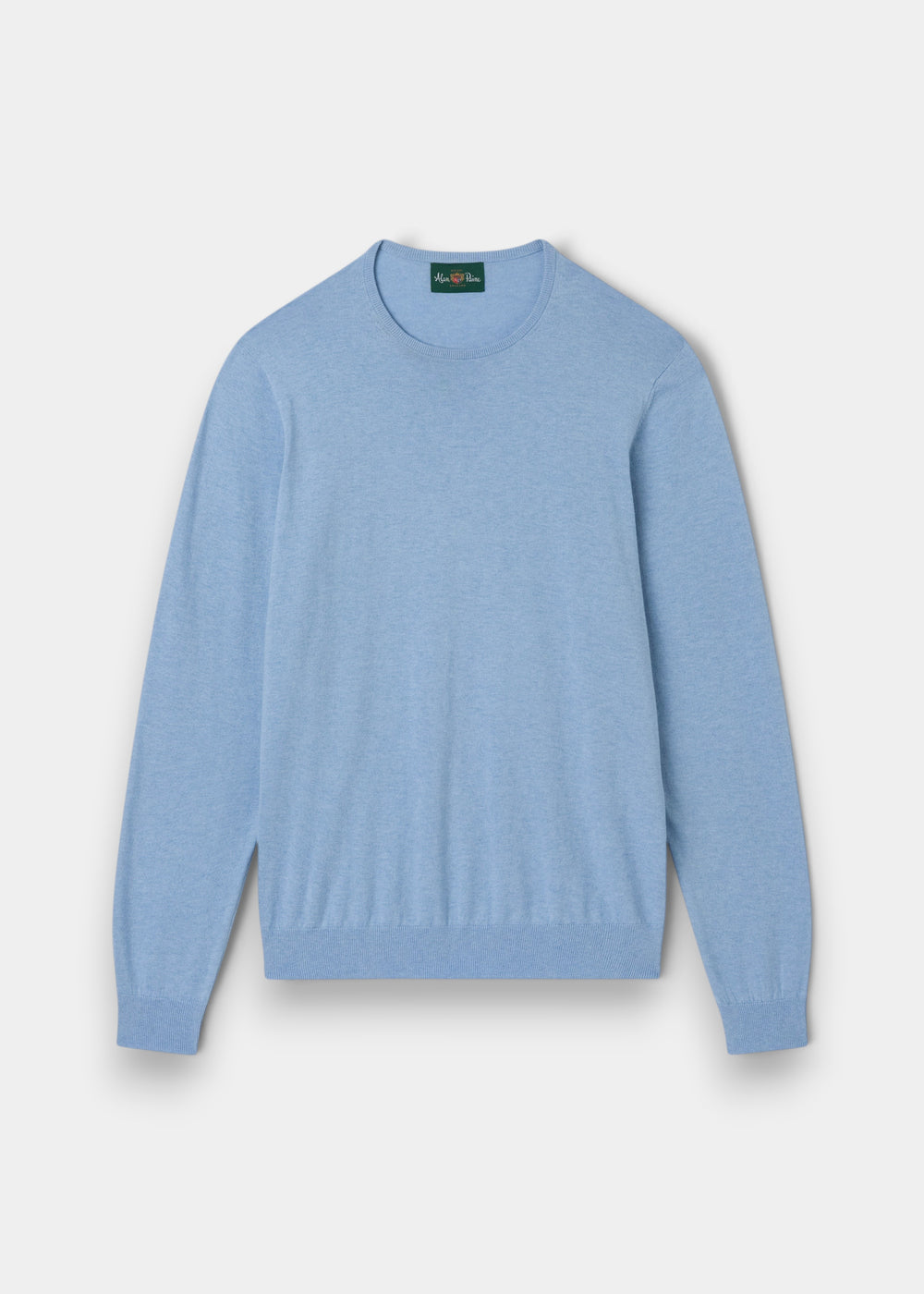 Alan Paine steel blue crew neck jumper in a soft blend of Pima cotton, silk, and cashmere with ribbed cuffs and hem.