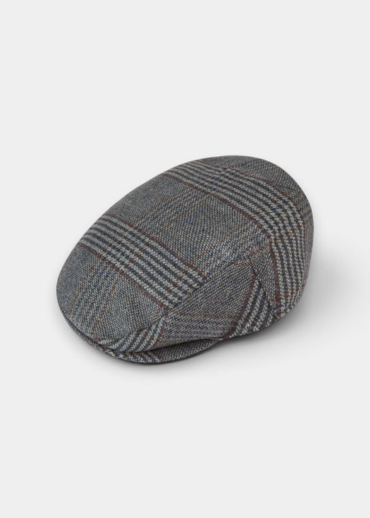 Alan Paine Surrey men's flat cap in blue check waterproof wool tweed with a classic structured design