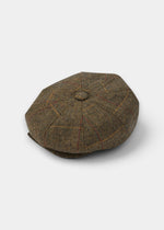 Combrook Men’s Tweed Bakerboy Cap in Teak: Brown tweed flat cap with top button, shown on white background.