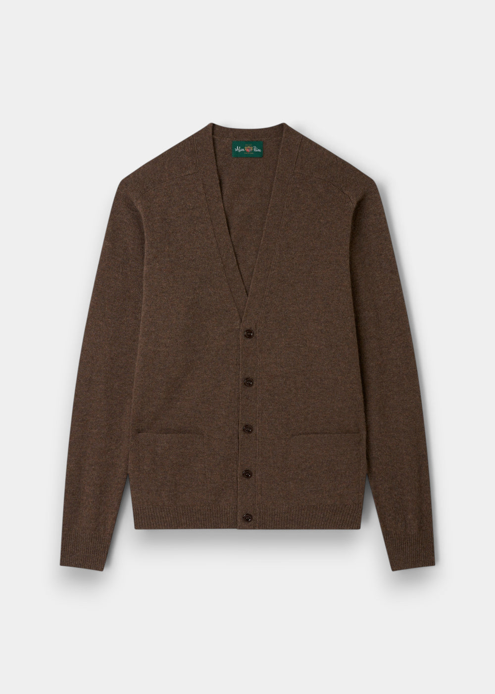 Cornwall Lambswool V-Neck Cardigan in Tobacco, classic fit, with long sleeves, front buttons, and two pockets.