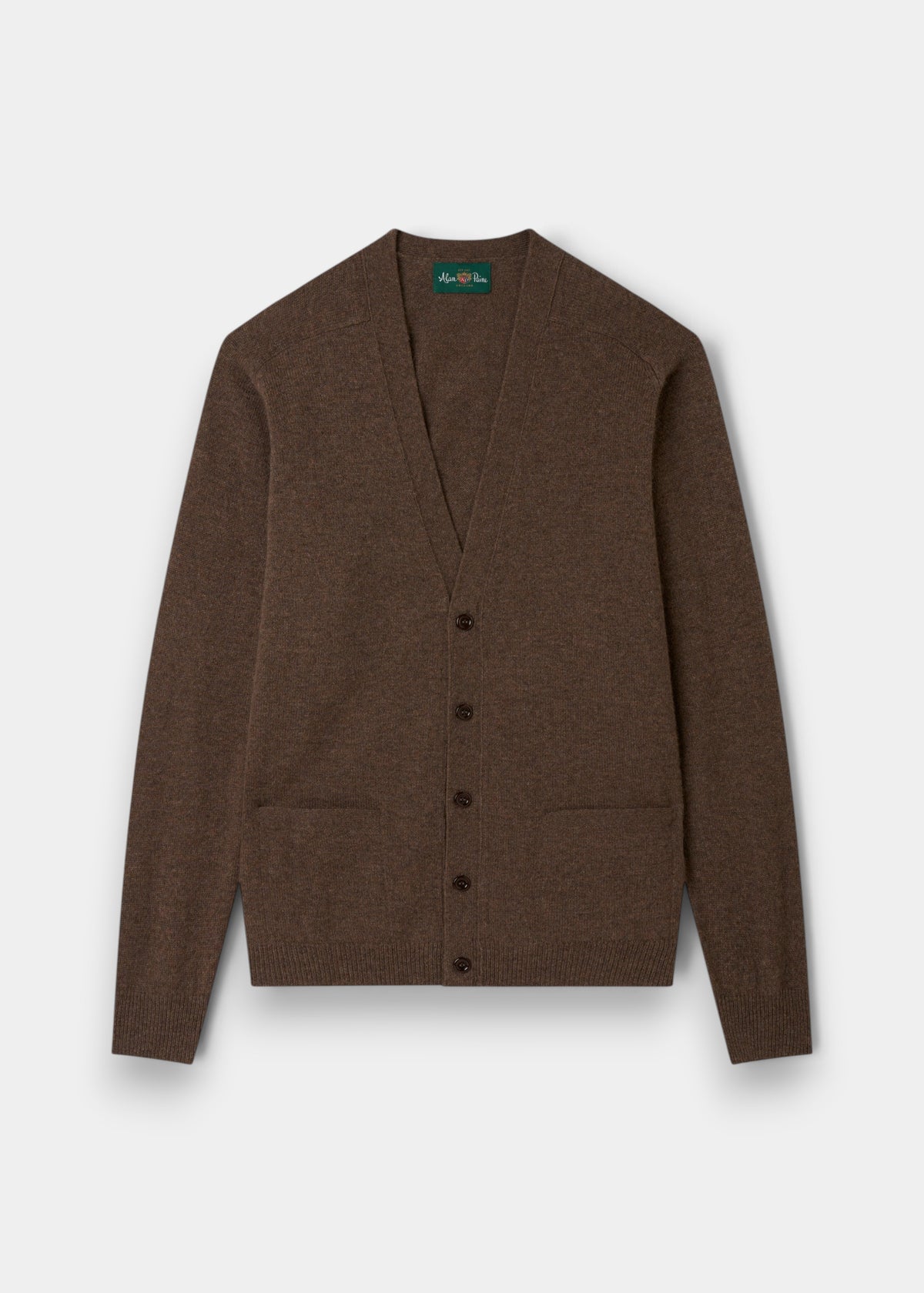 Cornwall Lambswool V-Neck Cardigan in Tobacco, classic fit, with long sleeves, front buttons, and two pockets.