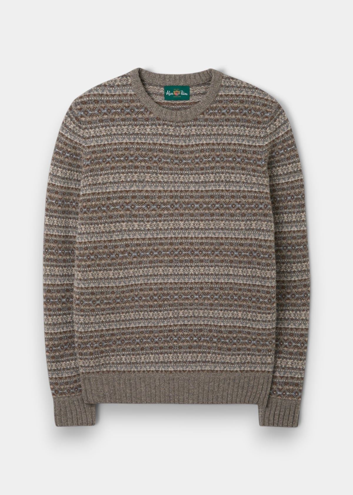 Alan Paine Towthorpe men's lambswool jumper in vole featuring a traditional Fair Isle pattern and ribbed trim.