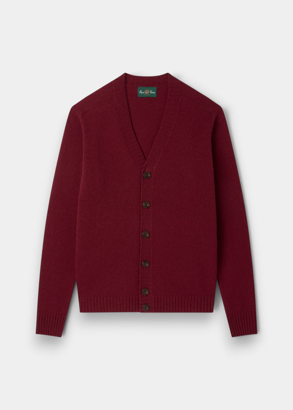 Kinloch Supersoft Shetland Wool V-Neck Cardigan in Venetian, long sleeves, ribbed cuffs/hem, on white background.