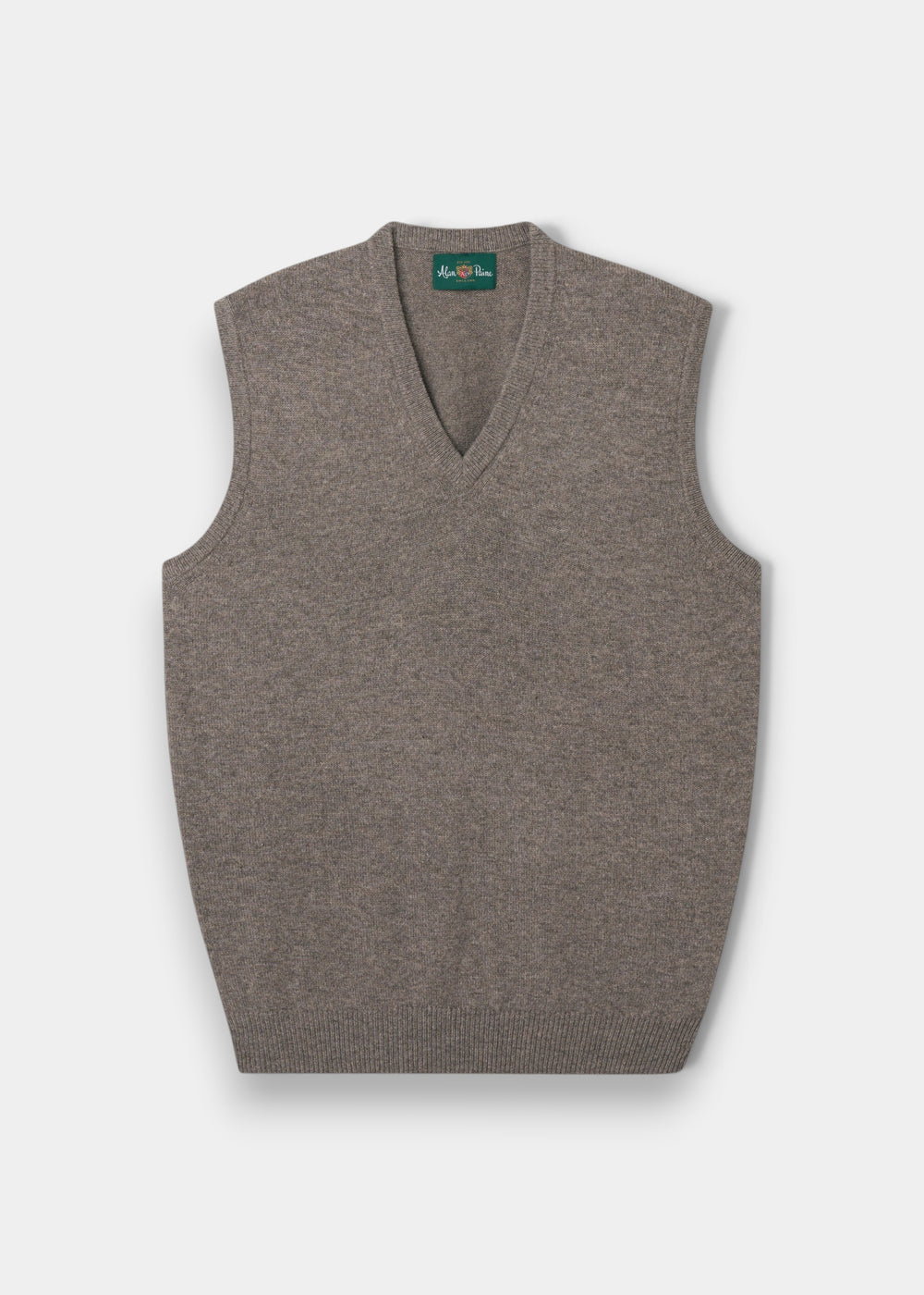 Alan Paine Norfolk men's V-neck slipover in vole brown lambswool with a classic fit and ribbed hem.