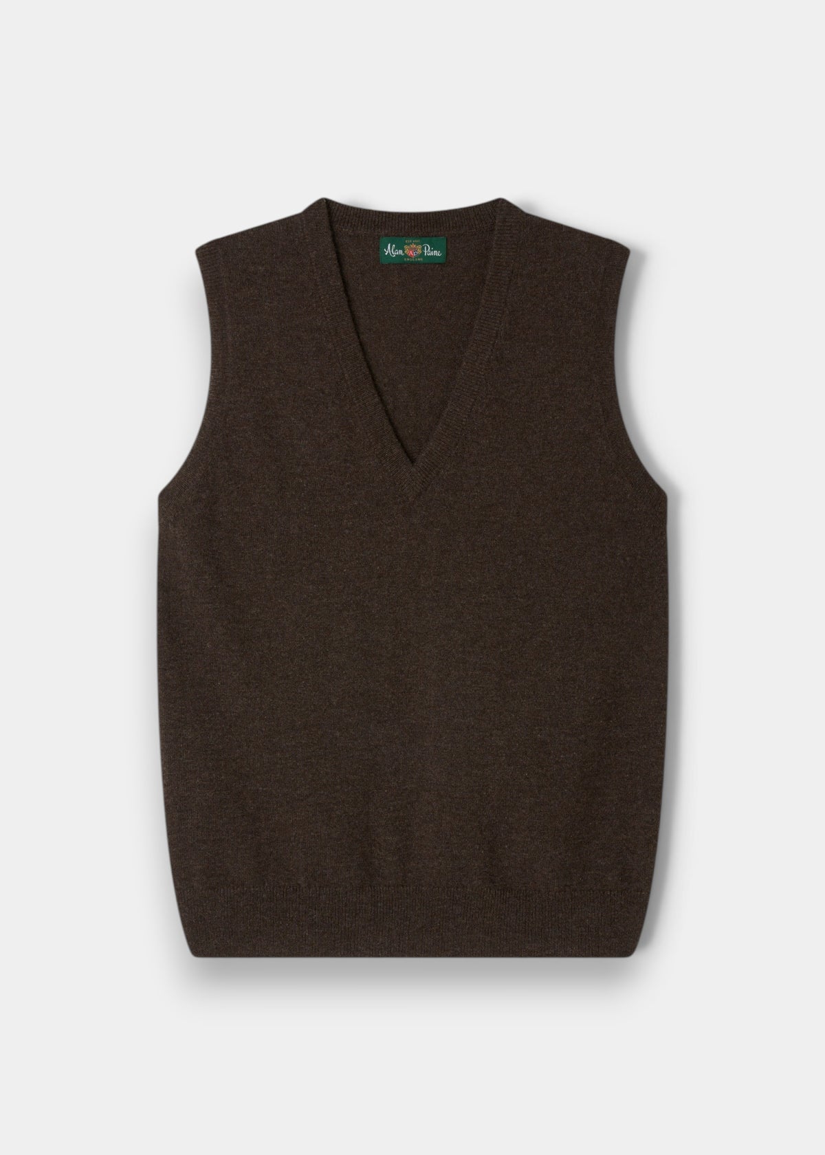 Erin Wool & Cashmere V-Neck Slipover in Walnut, sleeveless and laid flat on white for a refined, luxe look.