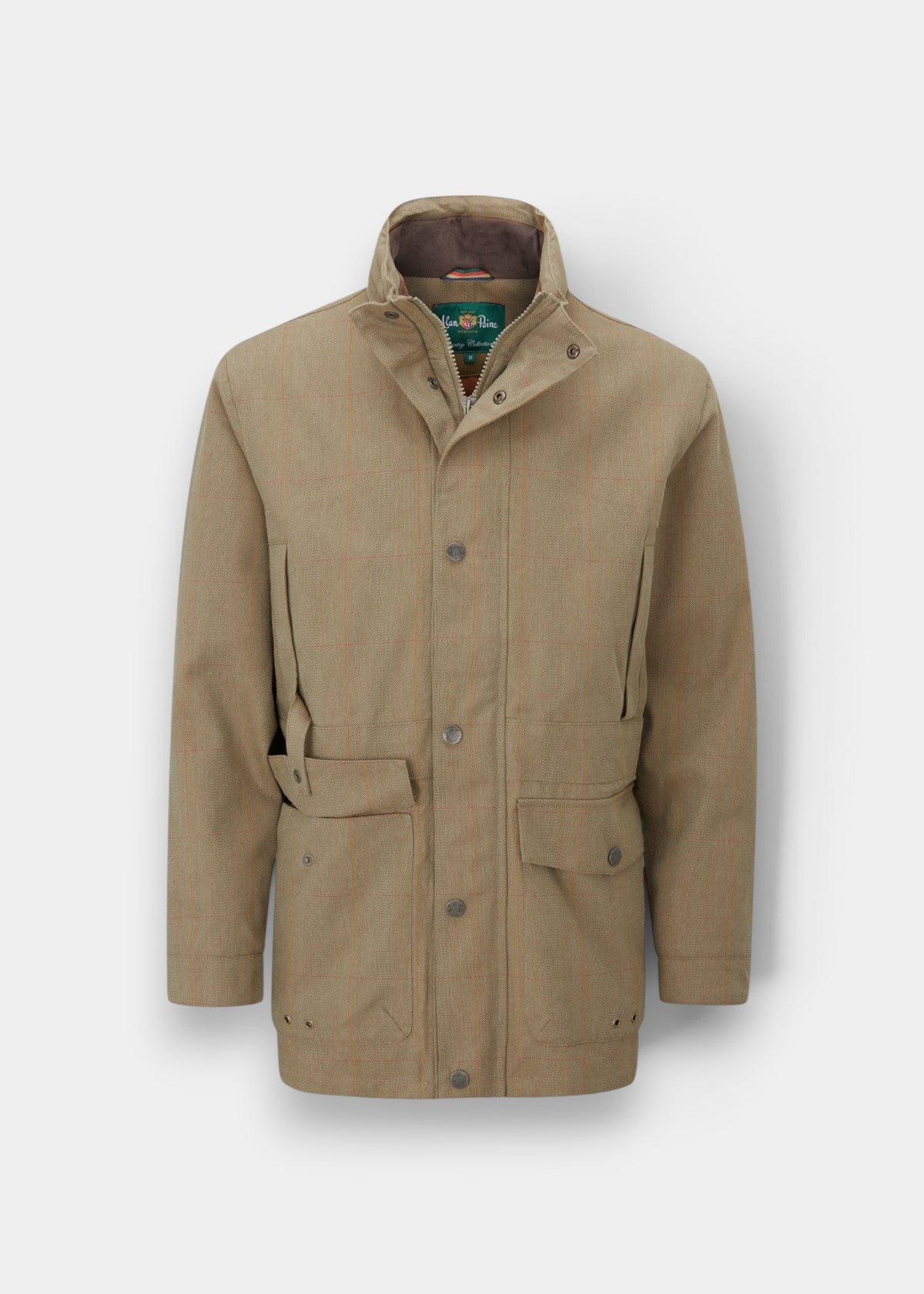 Axford Men’s Aspen Waterproof Field Coat—shooting fit, high collar, snap buttons, flap pockets, adjustable waist.