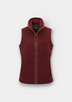 Alan Paine Aylsham ladies fleece gilet in bordeaux with mock suede trim, front zipper, and two zipped pockets.