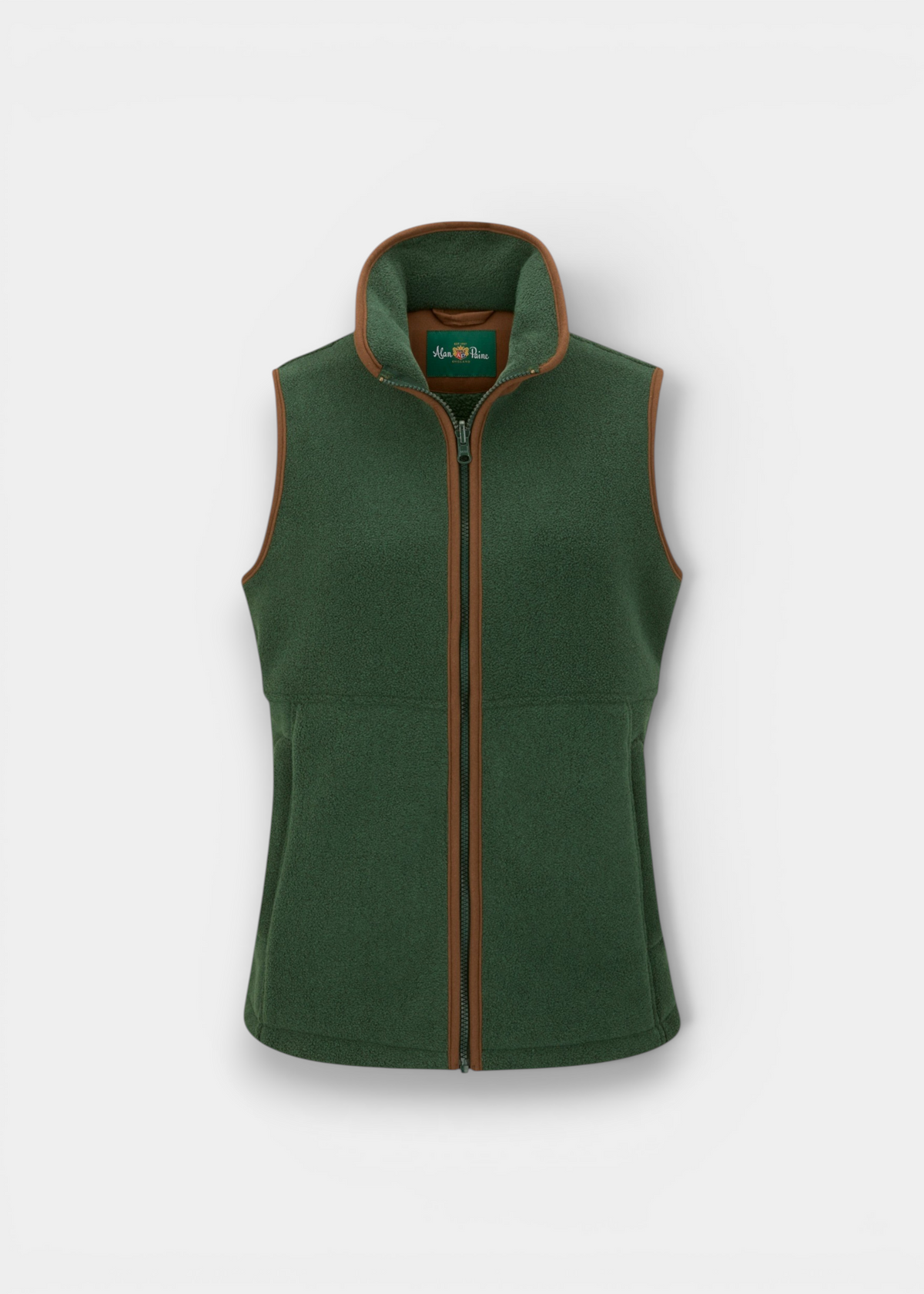 Alan Paine Aylsham ladies fleece gilet in evergreen with mock suede trim, front zipper, and two zipped pockets.