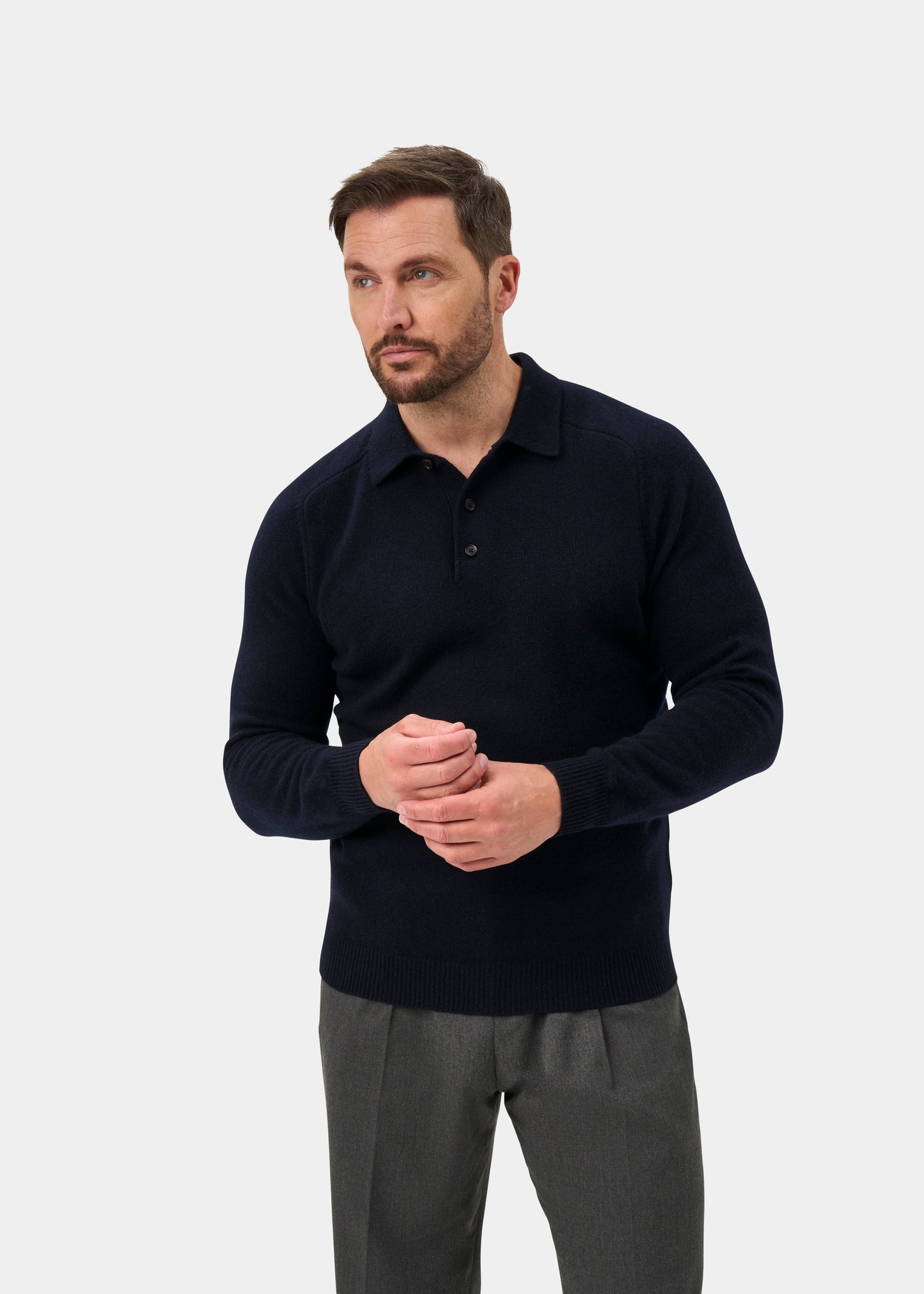 Bilsdean Men's Lambswool Long Sleeve Polo In Navy - Regular Fit