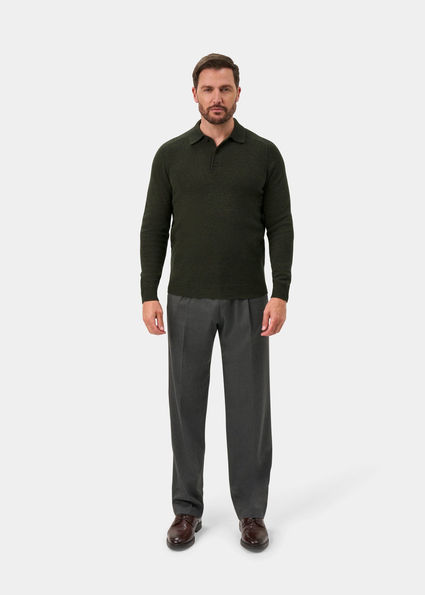 Bilsdean Men's Lambswool Long Sleeve Polo In Seaweed - Regular Fit