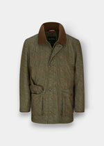 A classic tweed jacket in olive green and brown, featuring a solid brown corduroy collar, front button closure, and two large front flap pockets, shown against a light gray background.