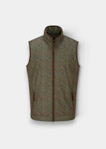A sleeveless zip-front vest in a textured tweed fabric with a high stand collar, shown on a light gray background.