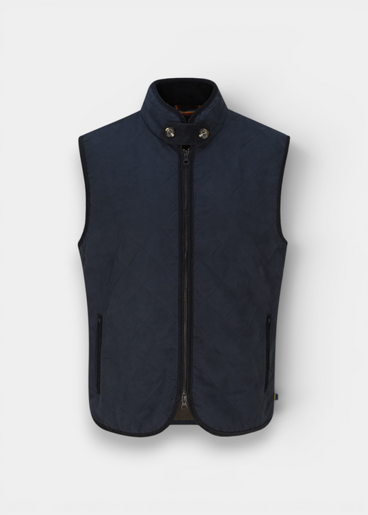 Alan Paine Felwell men's dark navy quilted gilet with a cord-lined collar and zip-secured pockets.