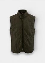 Alan Paine Felwell men's olive quilted gilet with a zip front, cord-lined collar, and detachable throat tab.