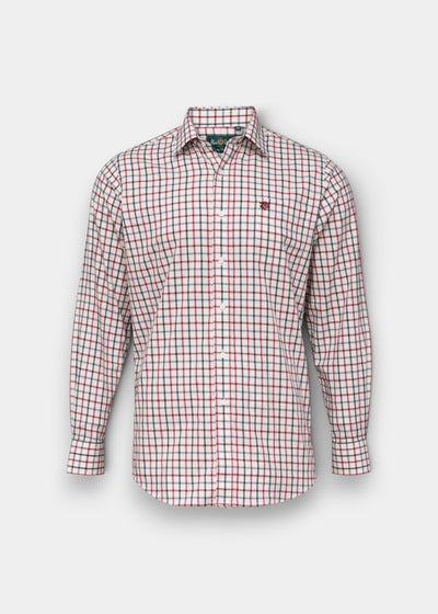 Ilkley Men’s Red Check Shirt: long-sleeve, shooting fit, minimal iron cotton, classic blue & red check.