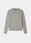 A light gray long-sleeve crewneck sweater laid flat against a light gray background.