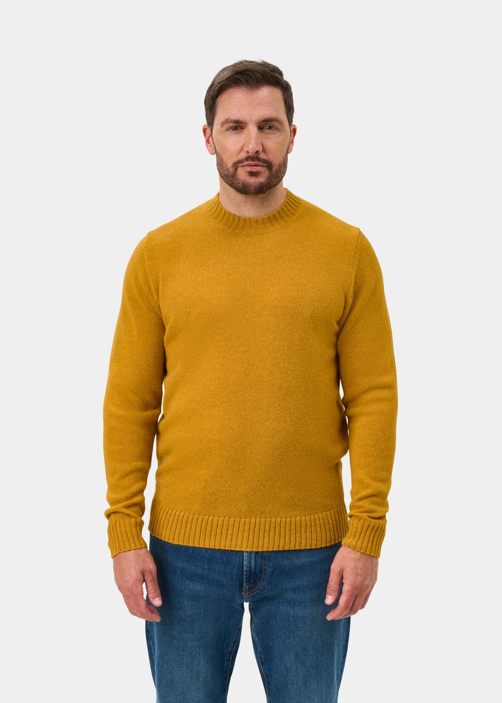 Man with short hair and beard in Kinnadie Supersoft Shetland Wool Crew Neck Jumper in Old Gold, blue jeans, white bg.
