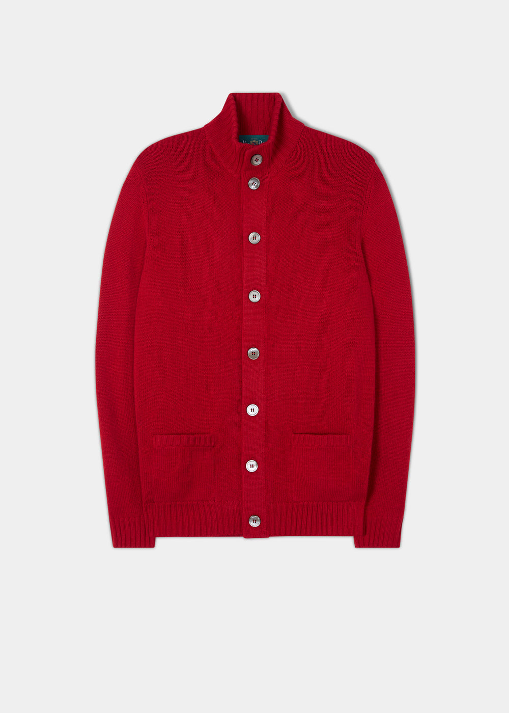 Landford Lambswool Buttoned Mock Neck Jumper in Dubonnet, regular fit, laid flat on a light gray background.