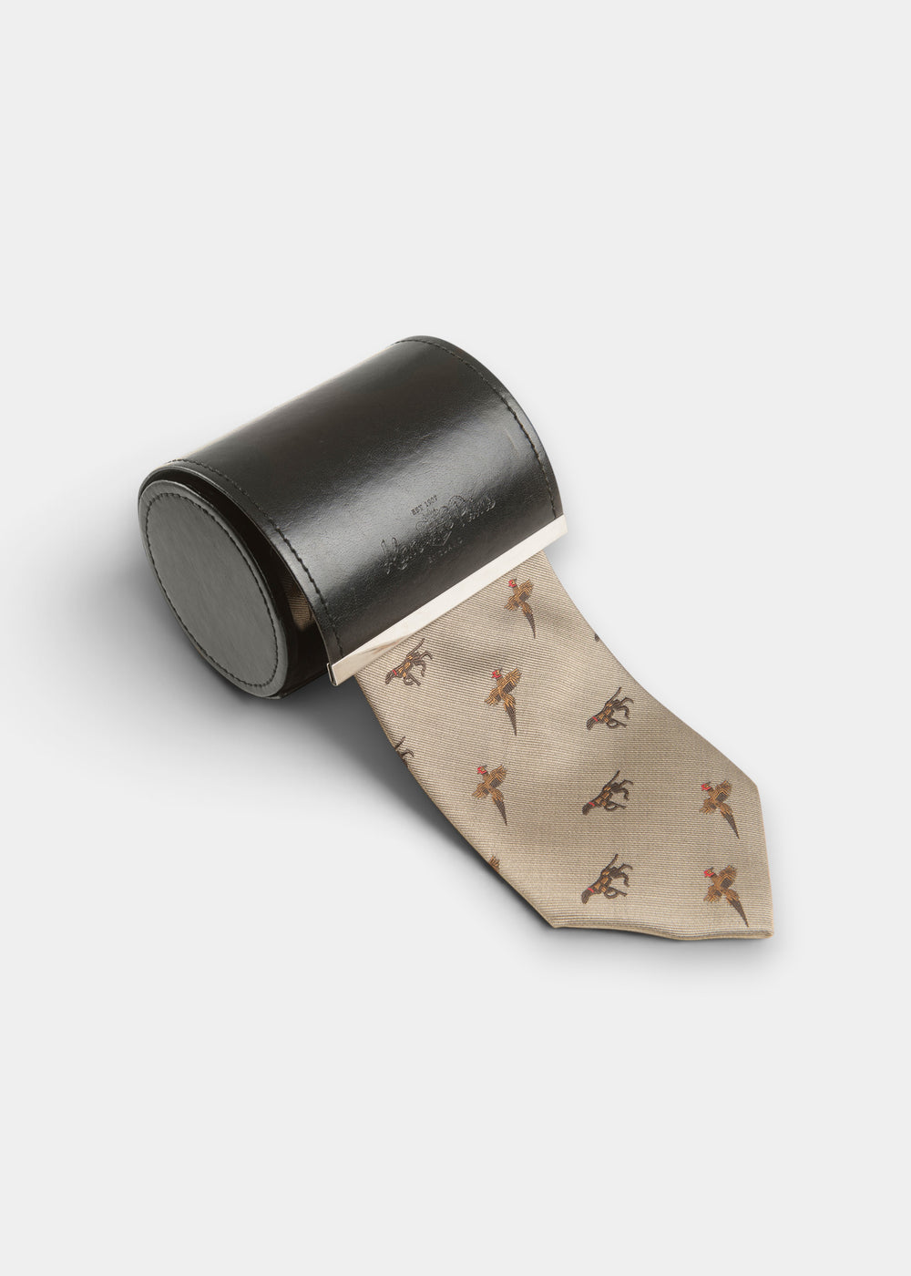 Corbata campera de seda Ripon en color dorado - Diseño de pájaro y perro