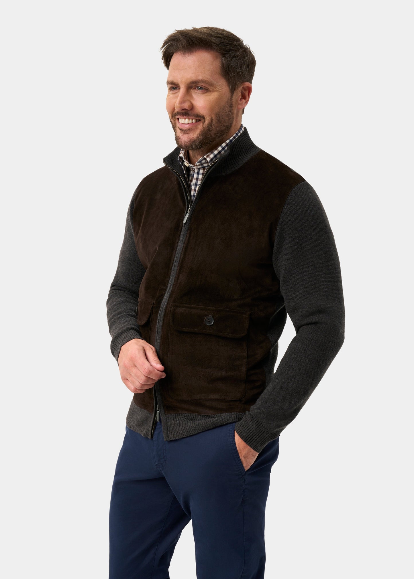 Oakmoore Suede Front Zip Through Jumper In Dark Brown
