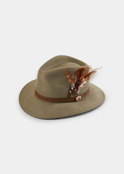 Felt fedora hat in olive brown with a leather band and feather trim for country outfit finishing