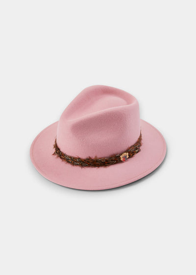 Pink felt fedora hat with formed brim and decorative pheasant feather wrap for women